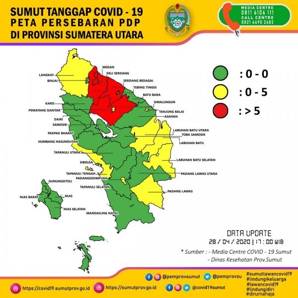 Peta Persebaran PDP di Provinsi Sumatera Utara 28 April 2020 